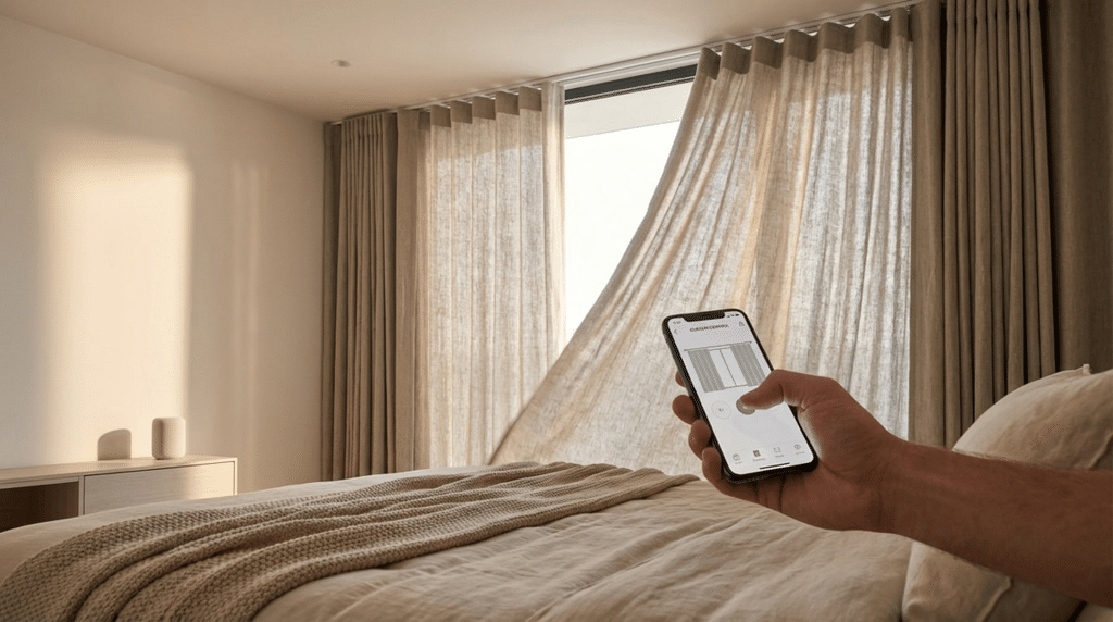 Person using a smartphone app to control motorized curtains in a bedroom