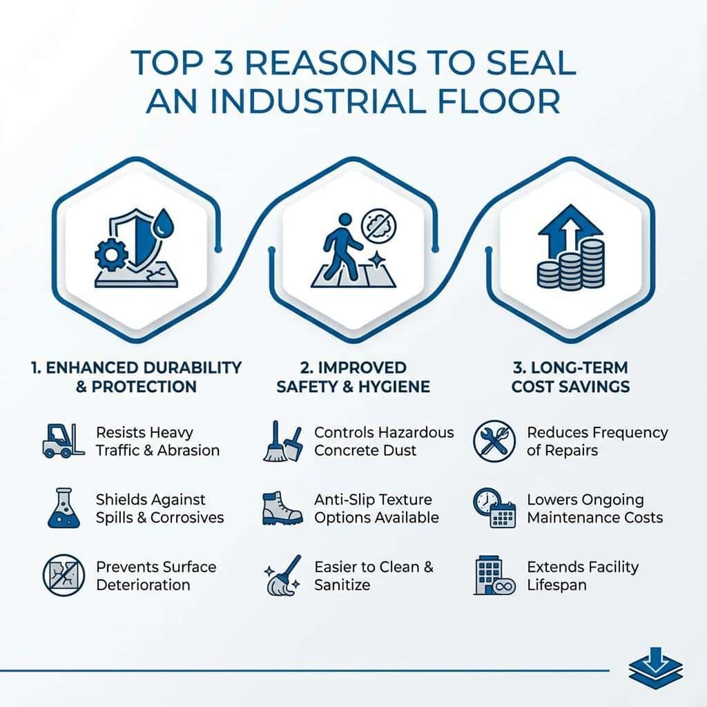 Infographic explaining the top 3 reasons to seal an industrial floor - Industrial floor sealers infographic 
