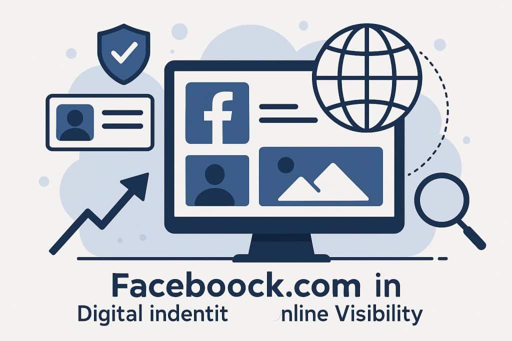 Facebook logo connecting digital identity icons, illustrating online visibility and networking