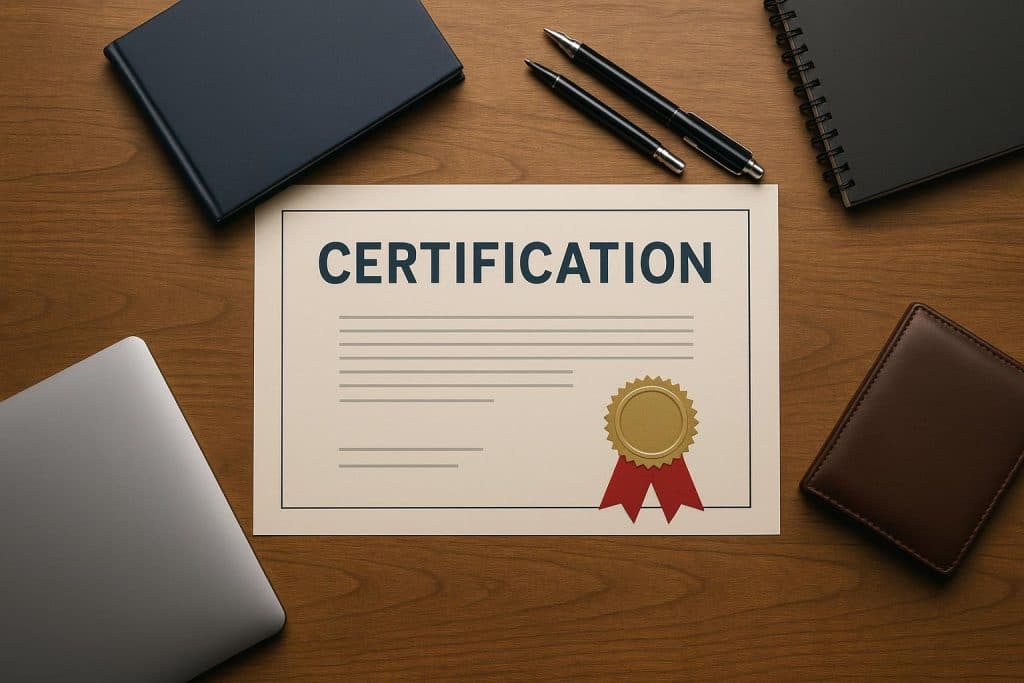 Stack of professional certification documents and medals symbolizing career advancement and success
