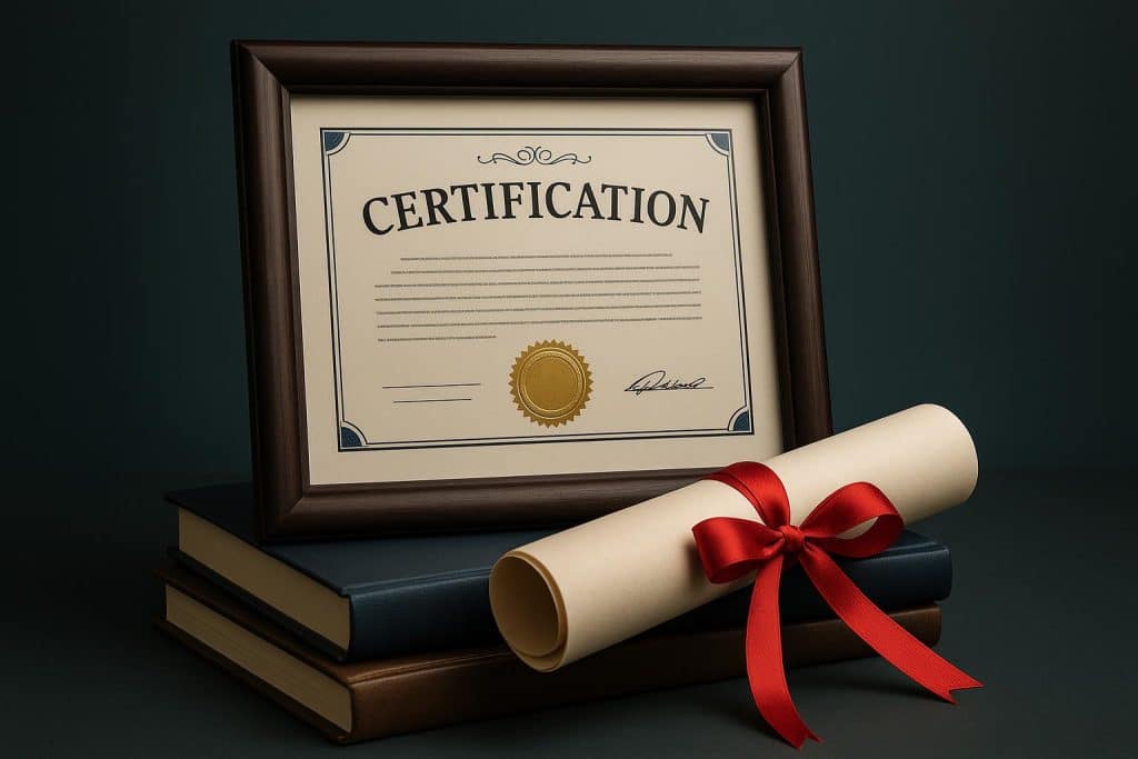 Stack of certification diplomas and achievement badges symbolizing professional growth and advancement