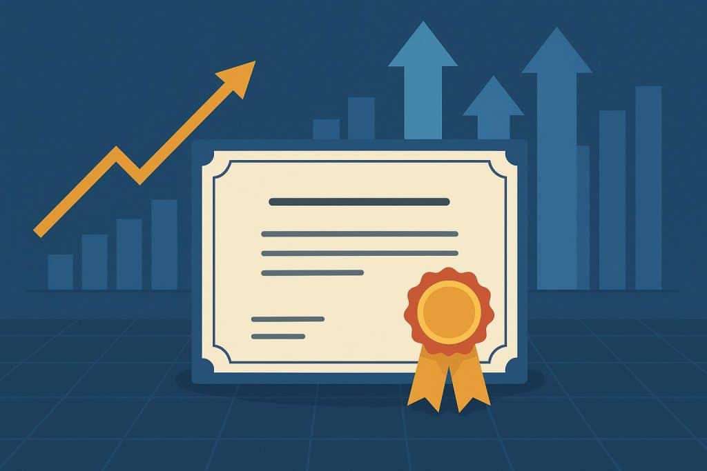 Professional certification badges and diploma boosting career success and industry leadership