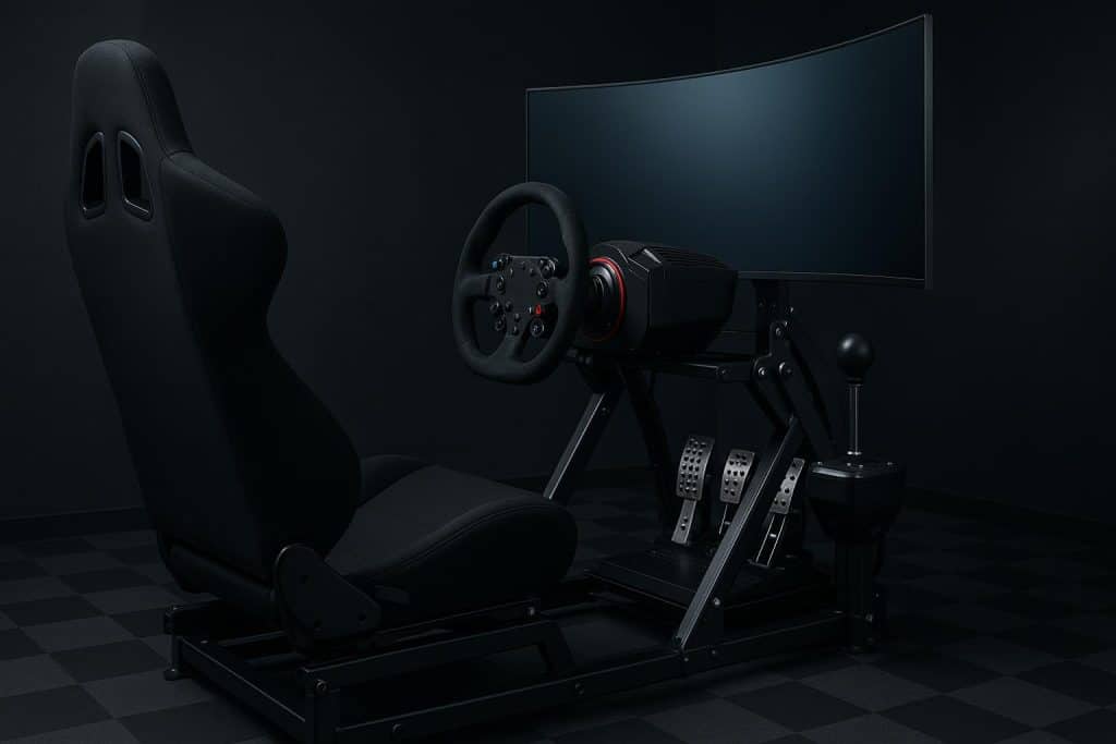 High-end sim racing steering wheel and pedals from SimRacerZone on sleek racing setup