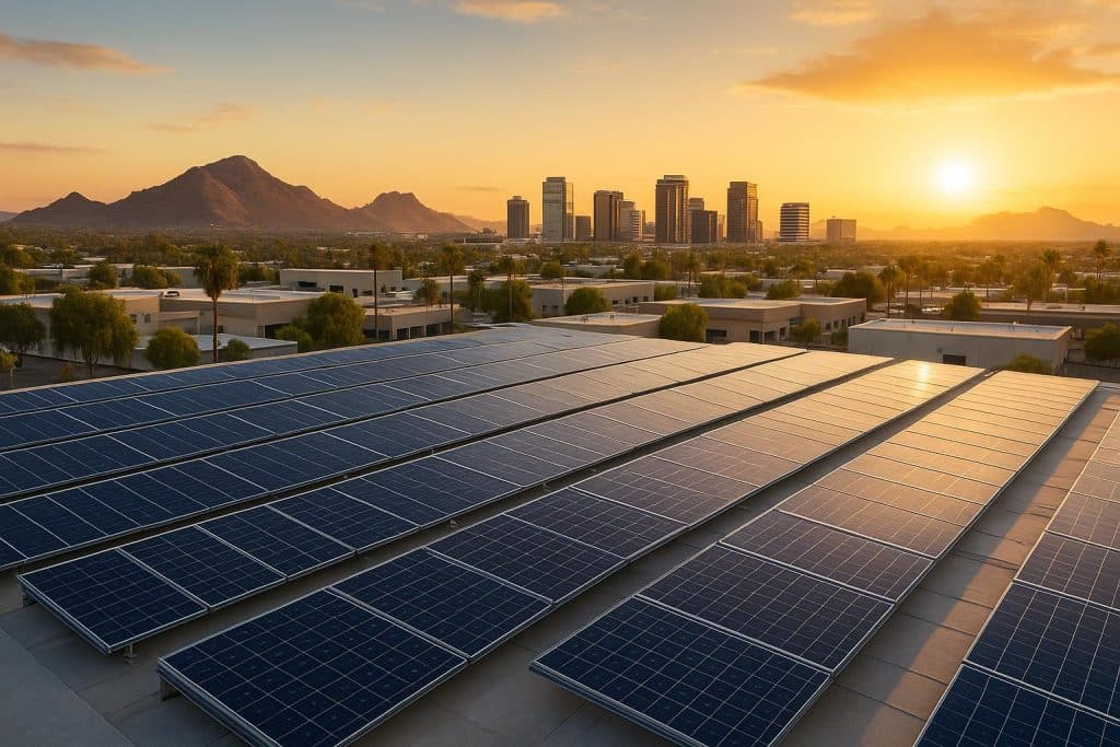 Why More Phoenix Businesses Are Investing in Commercial Solar Panels in 2026 Rooftop solar panels on Phoenix commercial buildings under clear skies showcasing renewable energy