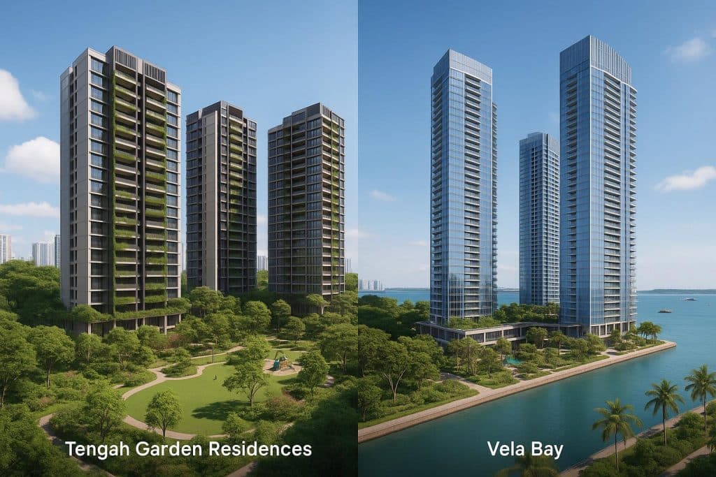 Tengah Garden Residences and Vela Bay luxury condominiums in Singapore's premier districts