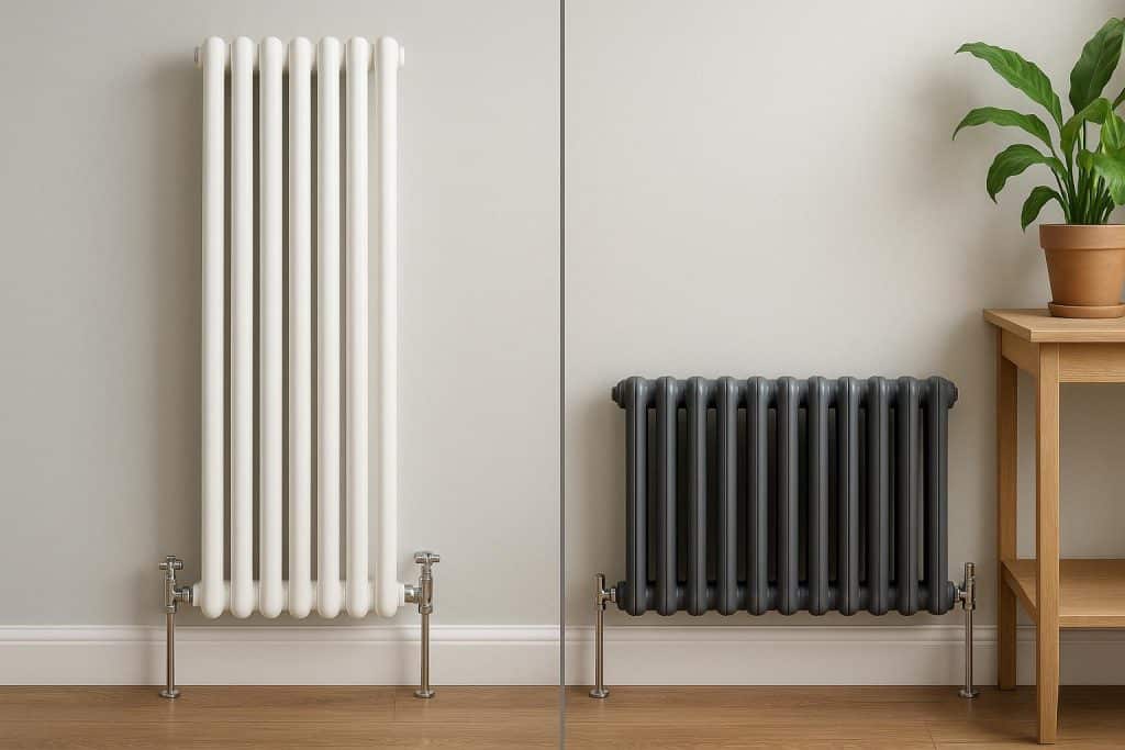 Vertical and horizontal column radiators side by side in a modern living room setting