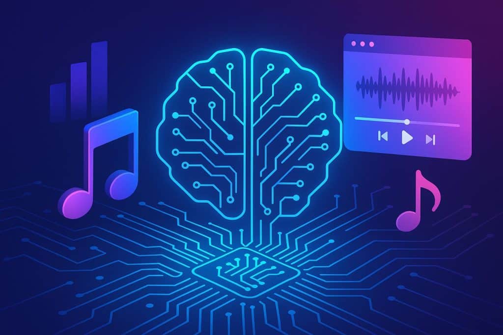 Abstract digital sound waves and musical notes representing AI innovation in music production