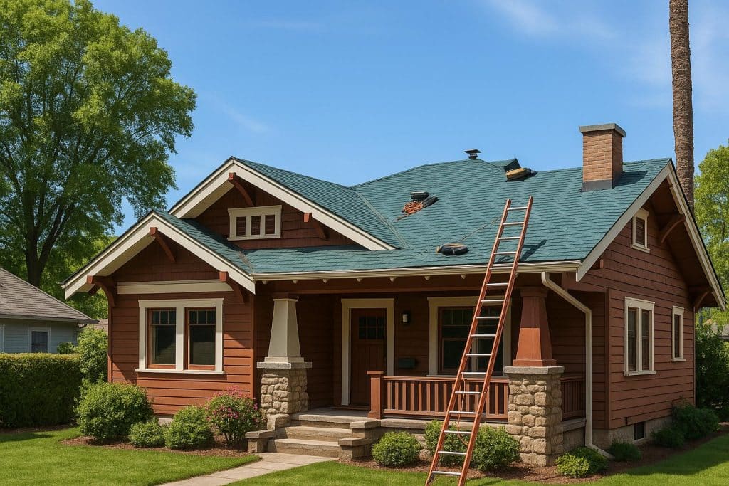 Roof repair expert inspecting shingles on an older Burbank home for trusted roofing services