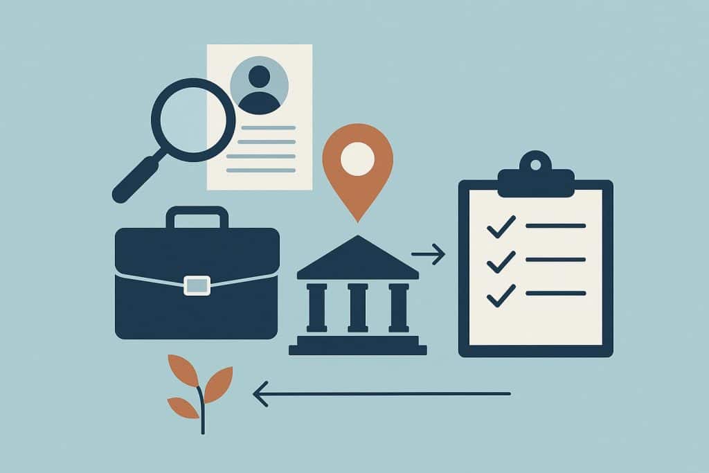 Modern office workspace with recruitment strategy charts and local business location markers