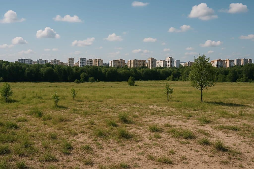 Aerial view of undeveloped land with natural landscape, highlighting real estate investment potential