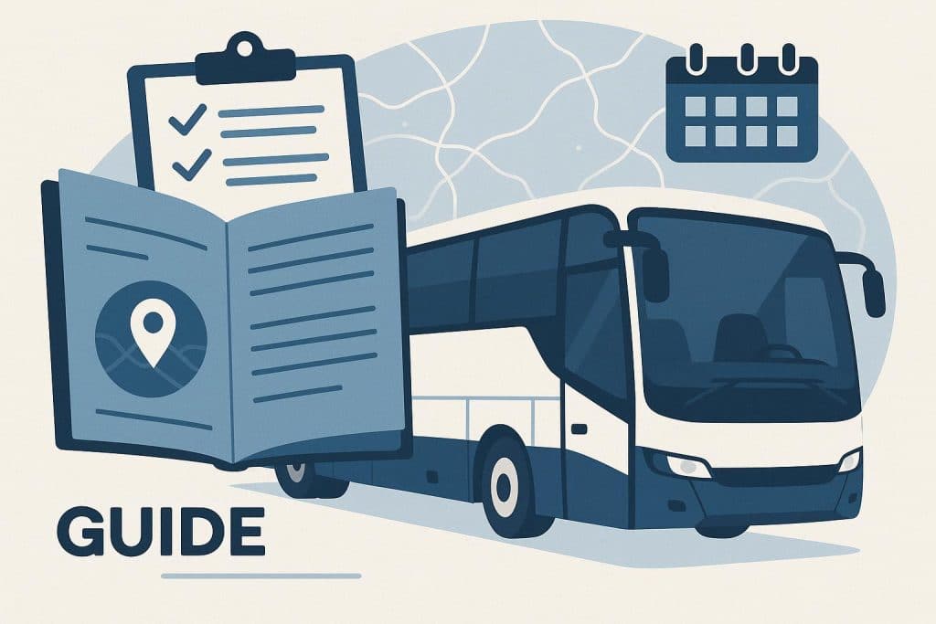 Charter bus driving on highway, showcasing comfortable and reliable group travel transportation