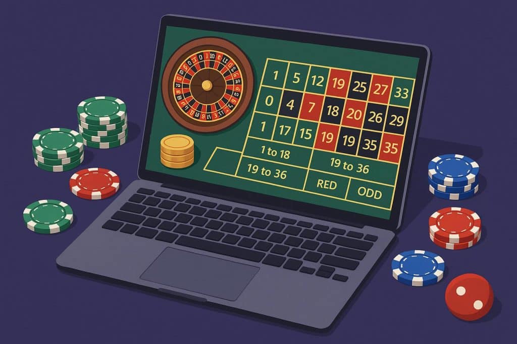 Roulette wheel and chips on digital screen illustrating tips for improving online roulette gameplay