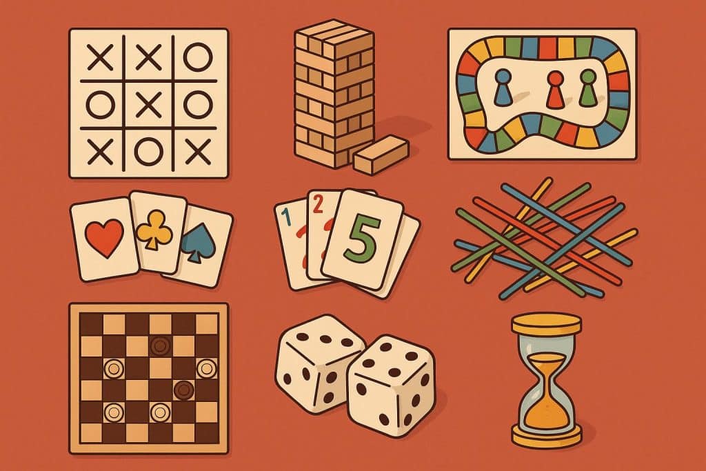 Board games and card games set up on a table for group play on a relaxing evening indoors