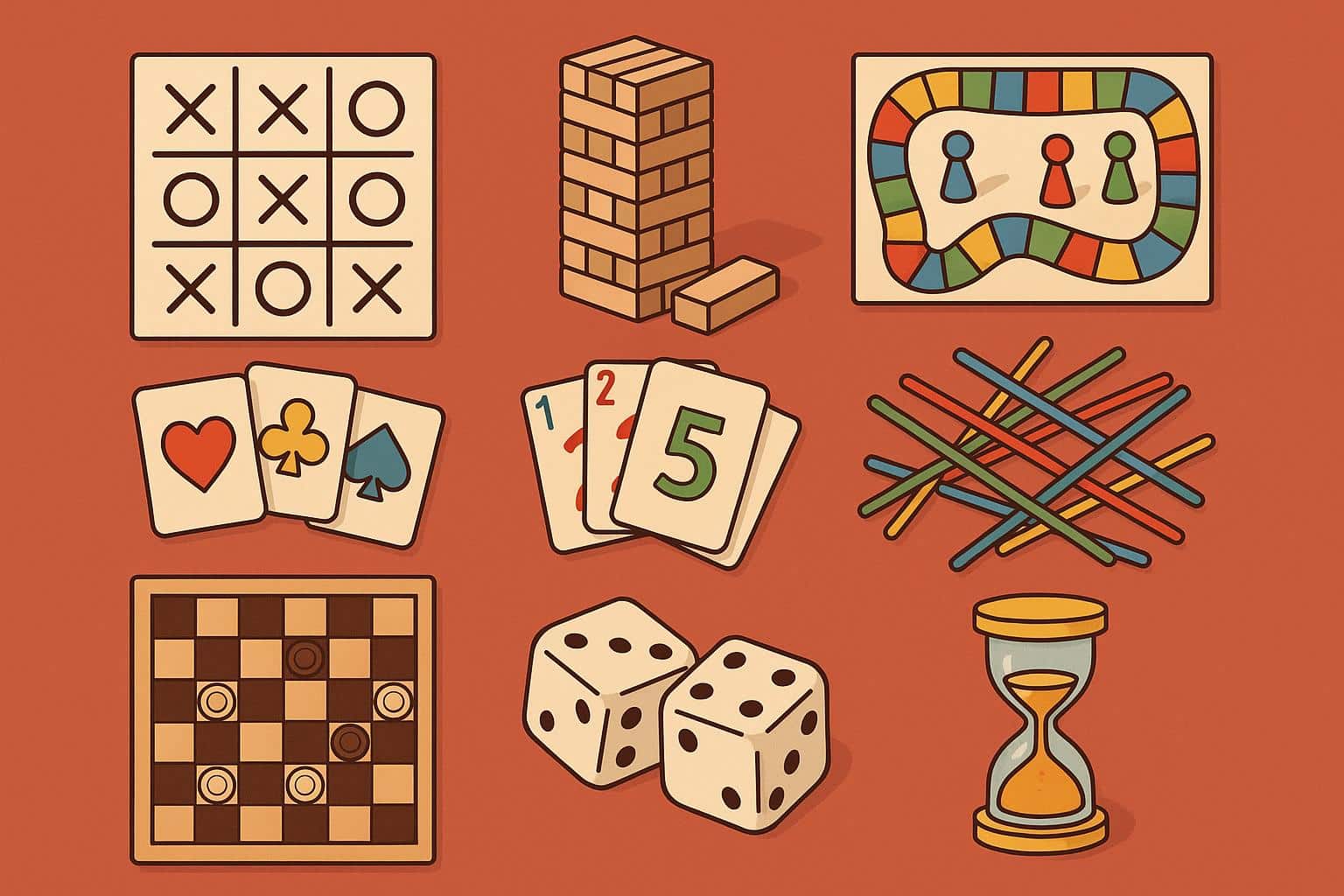 Board games and card games set up on a table for group play on a relaxing evening indoors