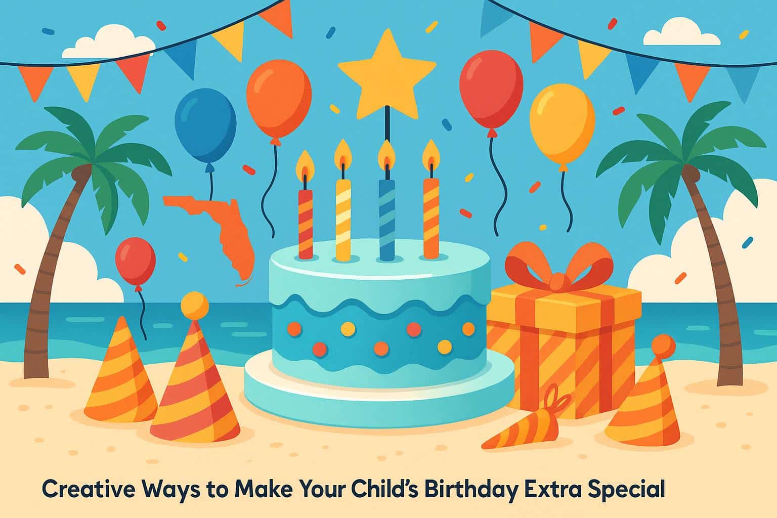 Colorful outdoor birthday party setup with balloons, cake, and tropical Florida decorations