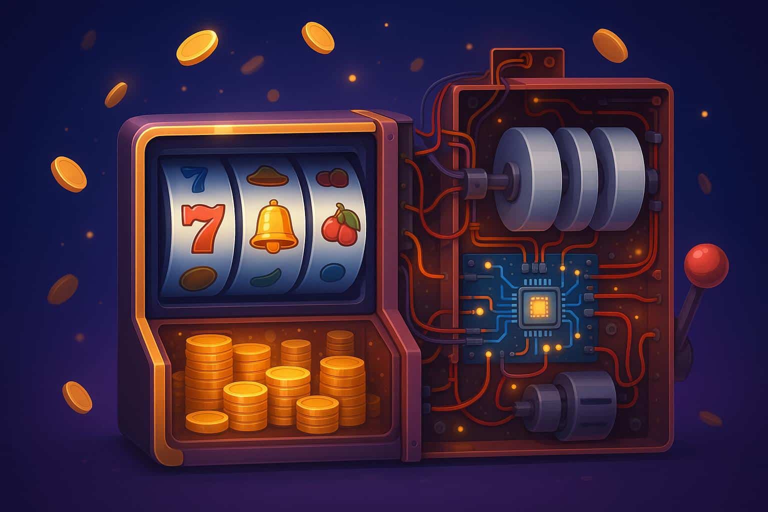 Online slot machine reels spinning with flashing lights and digital symbols in a casino interface