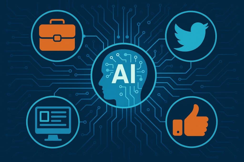 Digital devices, AI icons, and social media logos highlighting executive technical literacy