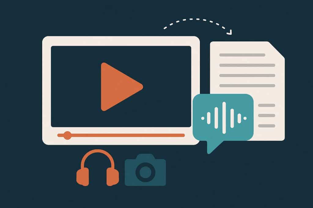 Laptop displaying automated transcription software interface for content creators