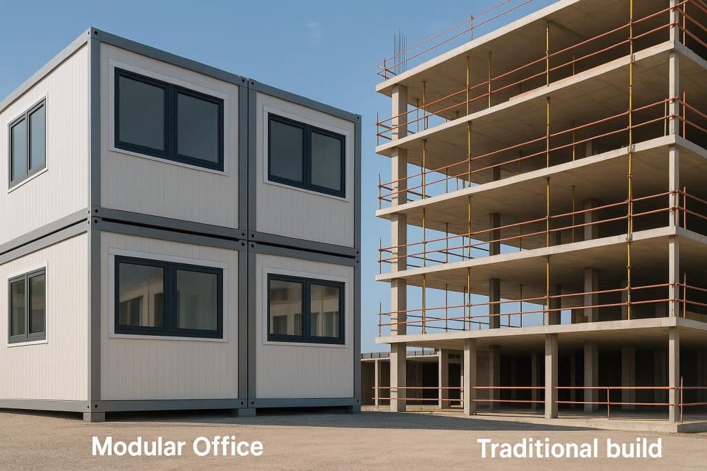 Modern modular office units assembled at a commercial site, showcasing flexible workspace design
