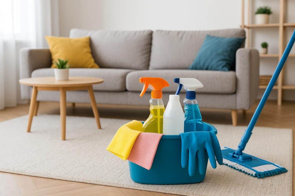 Professional housekeeping staff cleaning a modern Bangalore home with efficient equipment