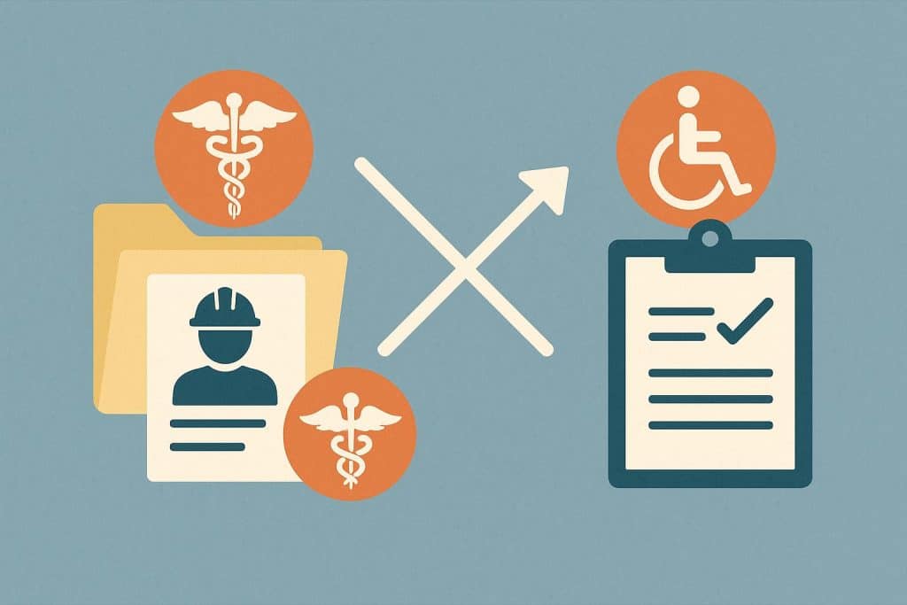 Workers’ compensation and disability benefits concept with legal documents and insurance forms