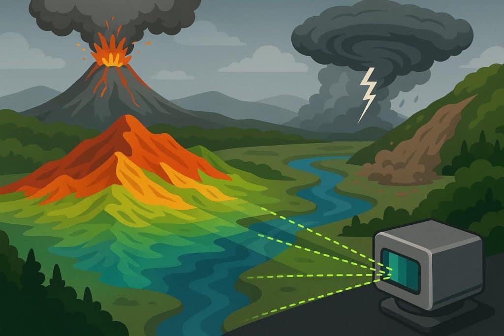 Aerial LiDAR scan mapping flood-affected landscape for natural disaster monitoring technology