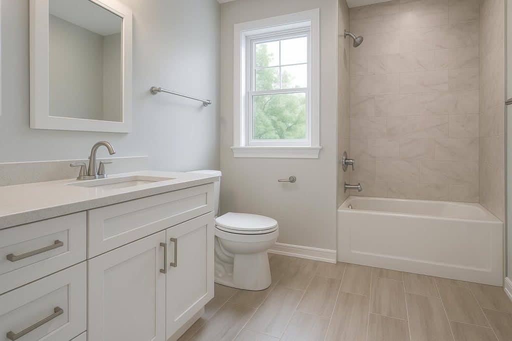 Modern Ottawa bathroom with sleek fixtures, stylish tiling, and efficient storage solutions
