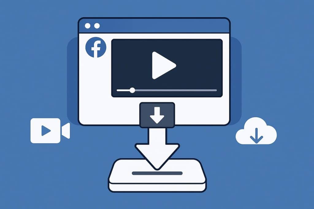 Facebook video download steps illustration with smartphone and save icon for easy video saving guide