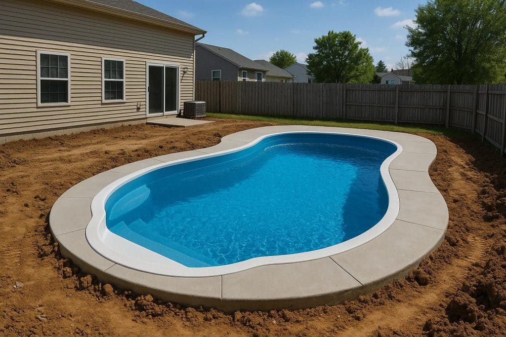 Fiberglass pool installation preparation in a residential backyard in Dayton, Ohio