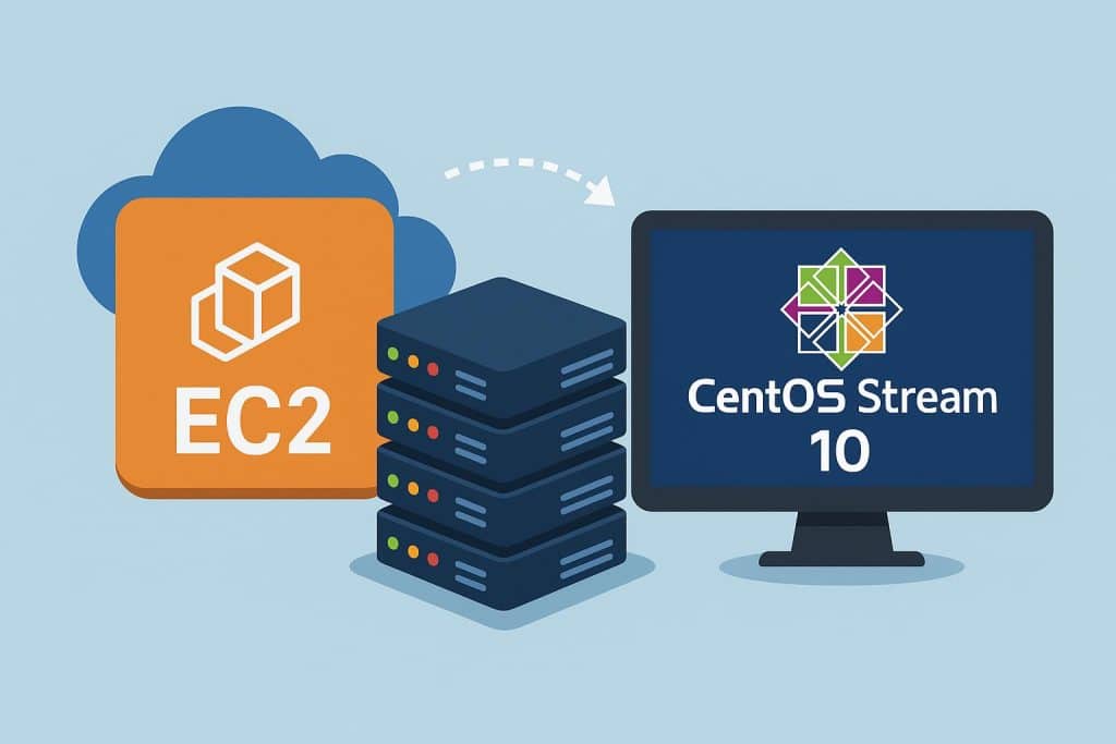 CentOS Stream 10 server setup on AWS EC2 cloud platform with server dashboard illustration