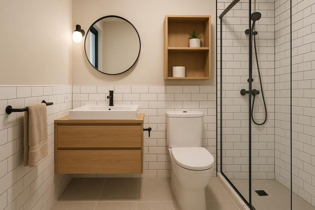 Modern small bathroom with space-saving vanity, glass shower, and stylish decor for functionality
