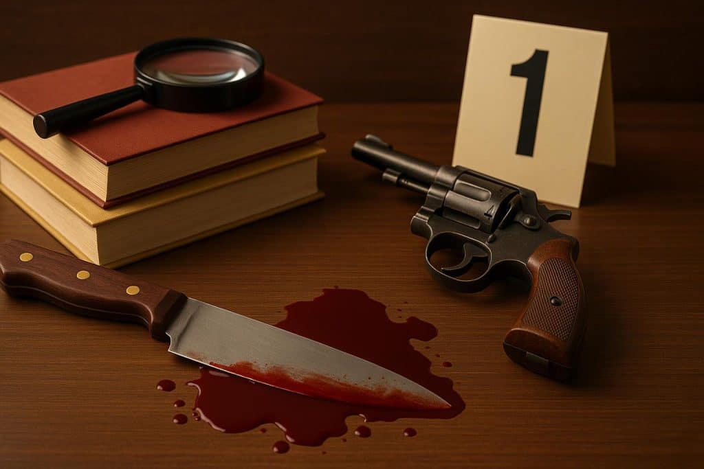 Murder mystery game elements with clue cards, detective props, and dramatic lighting