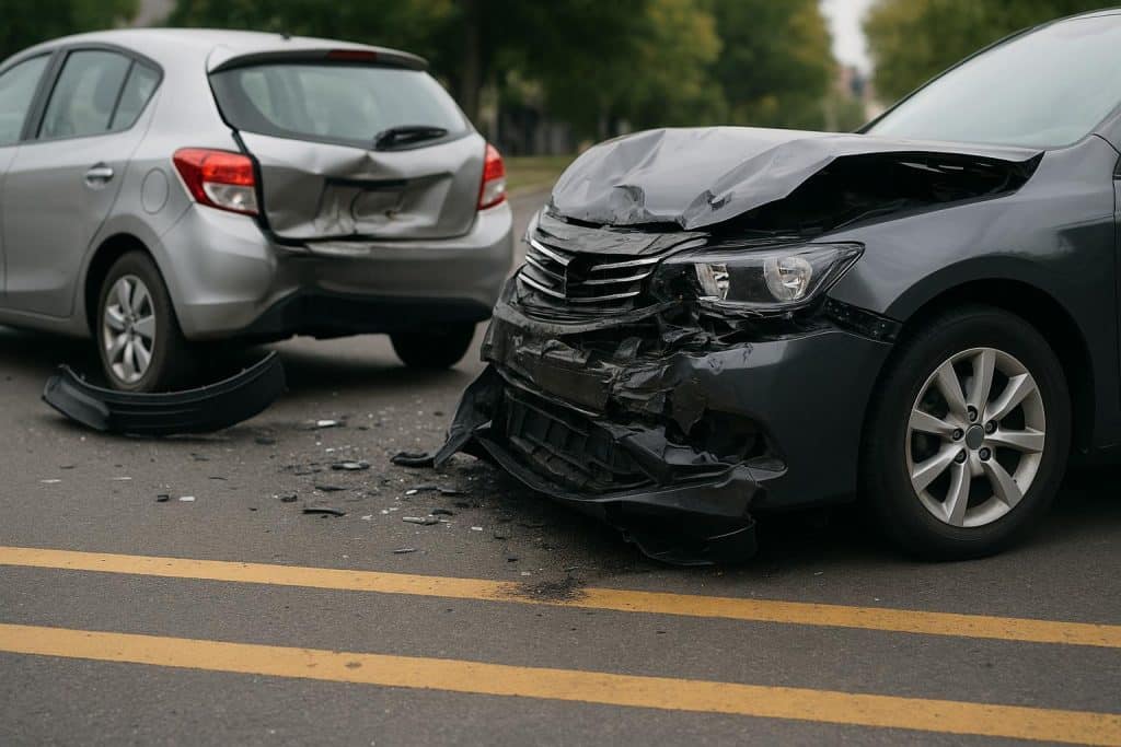 Crashed vehicles at an intersection highlighting car accident liability disputes