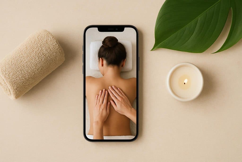 Mobile massage therapist with massage table and equipment set up in a modern home living room