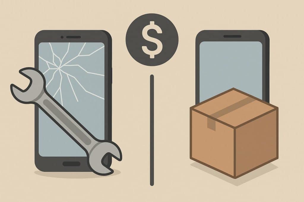 Comparison of smartphone repair tools and new phone in focus, highlighting upgrade costs