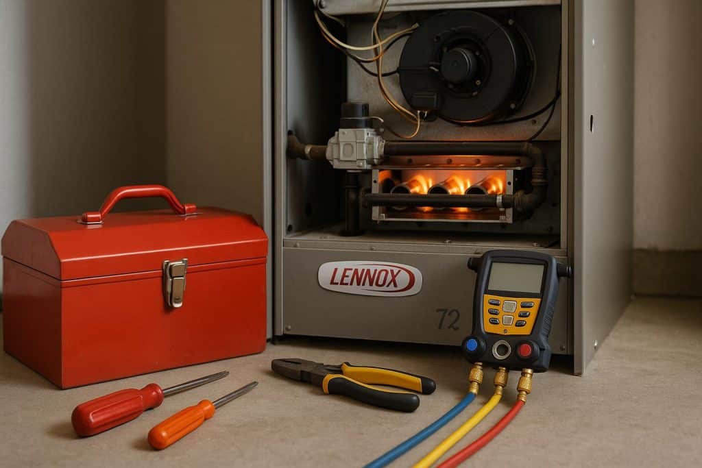 Technician assessing residential furnace for repair in Selbyville home heating service company