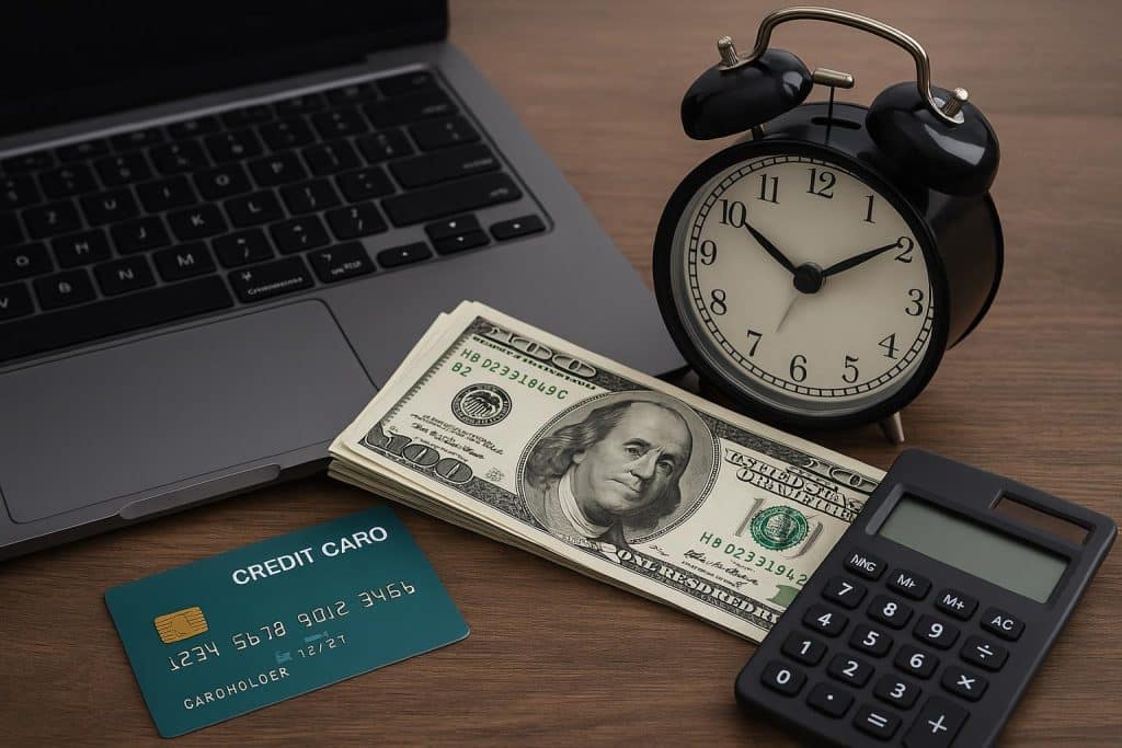 Laptop displaying cash advance approval screen with currency notes, representing fast online loans