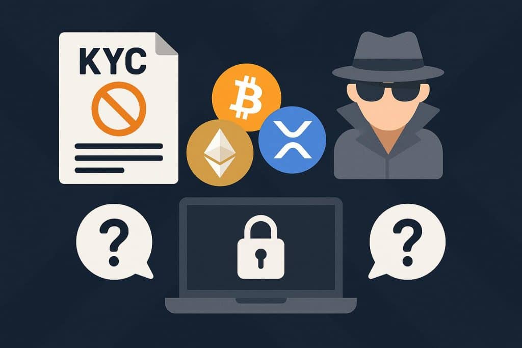 No KYC and anonymous crypto exchange concepts with digital currency icons and secure blockchain symbols