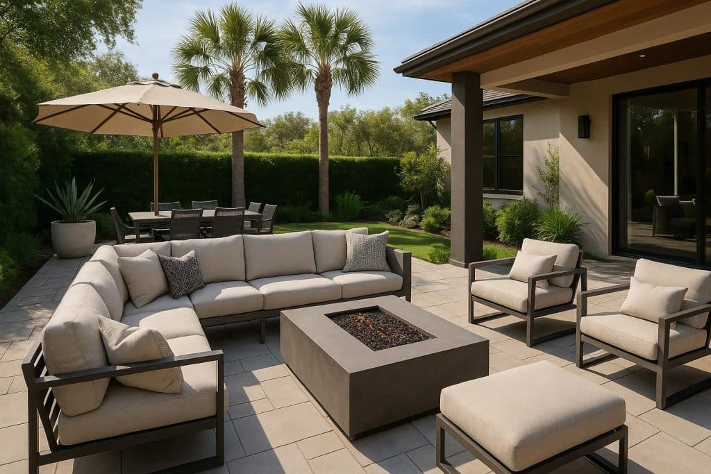 Luxury patio with modern outdoor furniture, elegant lighting, and lush landscaping in backyard