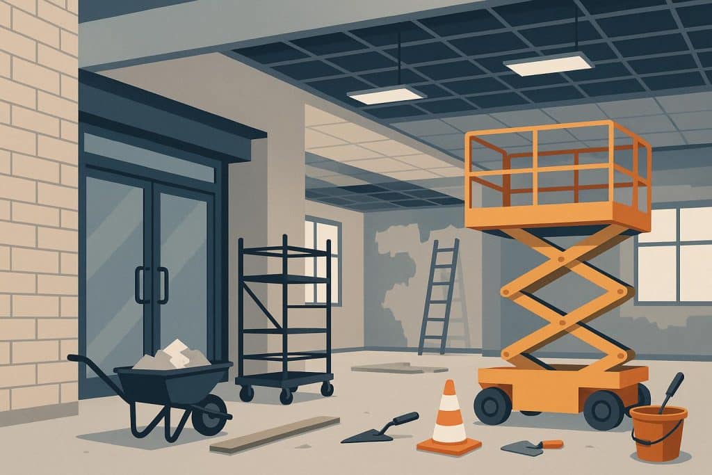 Modern commercial building undergoing renovation with scaffolding and updated architectural features