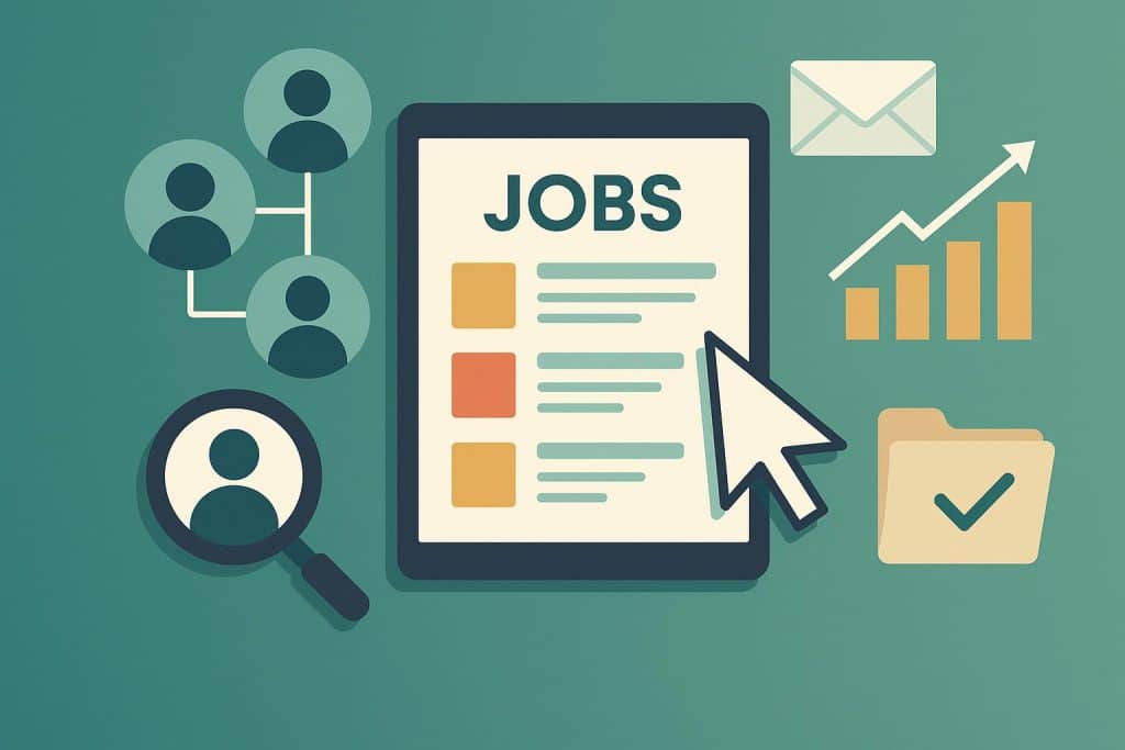 Laptop screen displaying online job portal interface with digital resumes and job listings