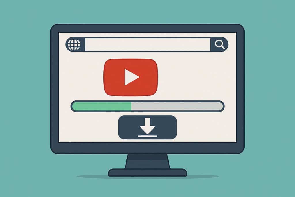 YouTube video download process illustration with online tool interface and download icon
