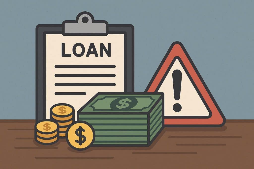 Suspicious loan offer with bold "Too Good to Be True" stamp and warning sign in background