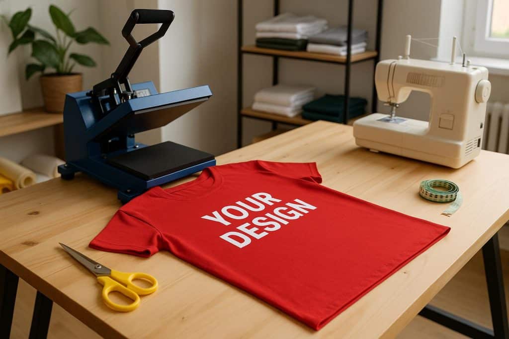 Home studio setup with custom apparel printing equipment and materials for DIY production