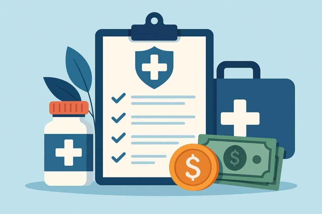 Stack of health insurance documents, stethoscope, and calculator on a desk for policy review