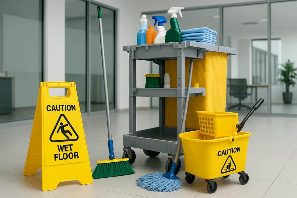 Professional janitor cleaning office floors with equipment and supplies for commercial cleaning services
