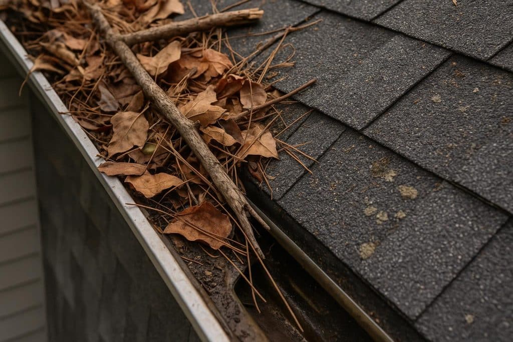 Tree branches and leaves blocking a storm drain, causing water overflow and material deterioration