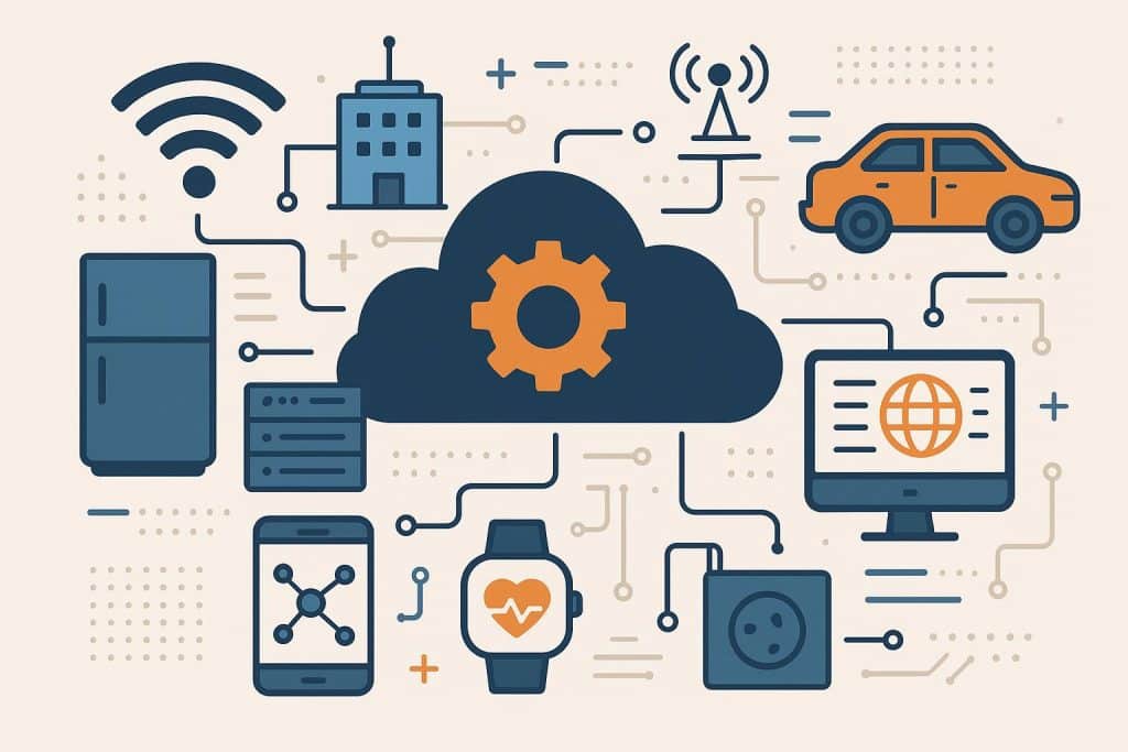 Smart devices connected through cloud network representing managed IoT service provider solutions