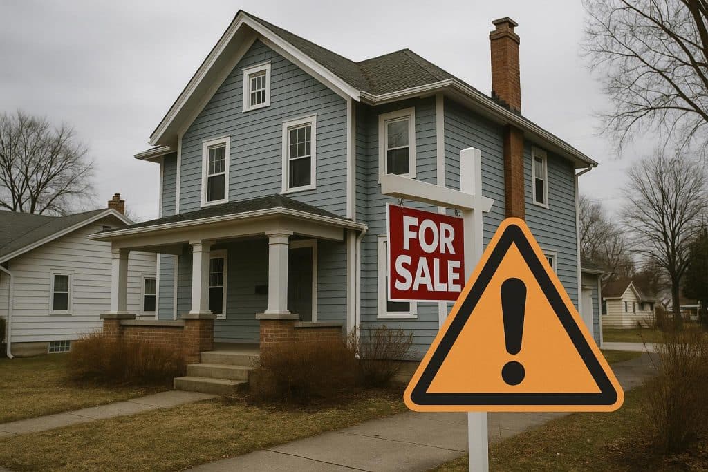 For Sale sign in front of a house with overgrown lawn, symbolizing delayed home sales in Lincoln