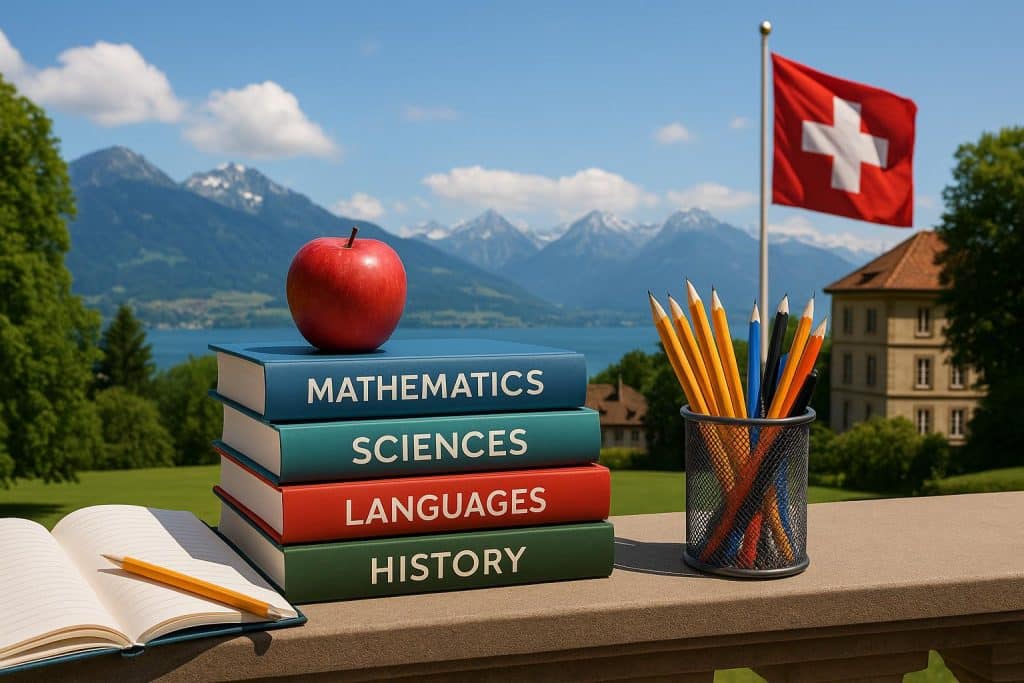 Swiss boarding school campus with academic buildings, books, and students engaged in learning activities